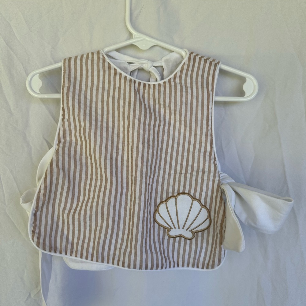 Busy Bees Smock Bib in Beige & White Stripes